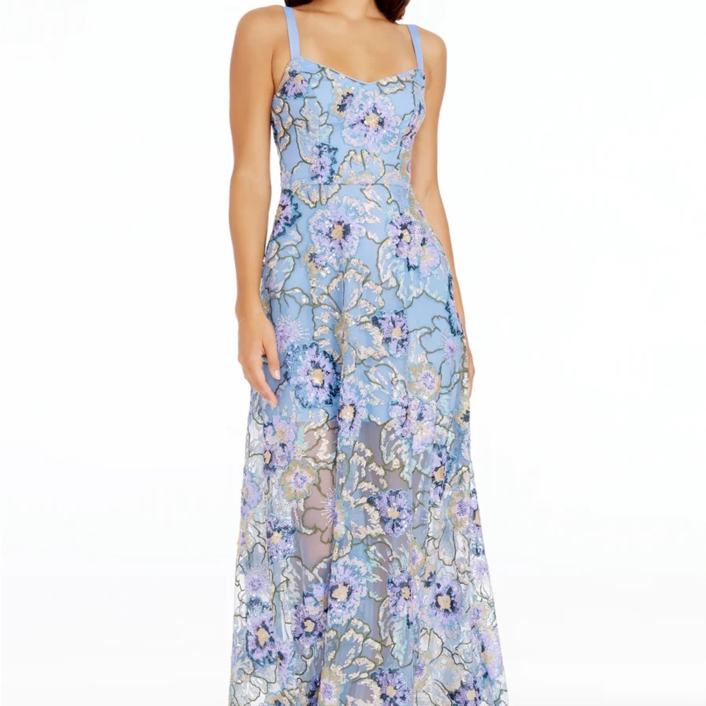 Dress the Population Light Blue Floral Embroidered Evening Gown